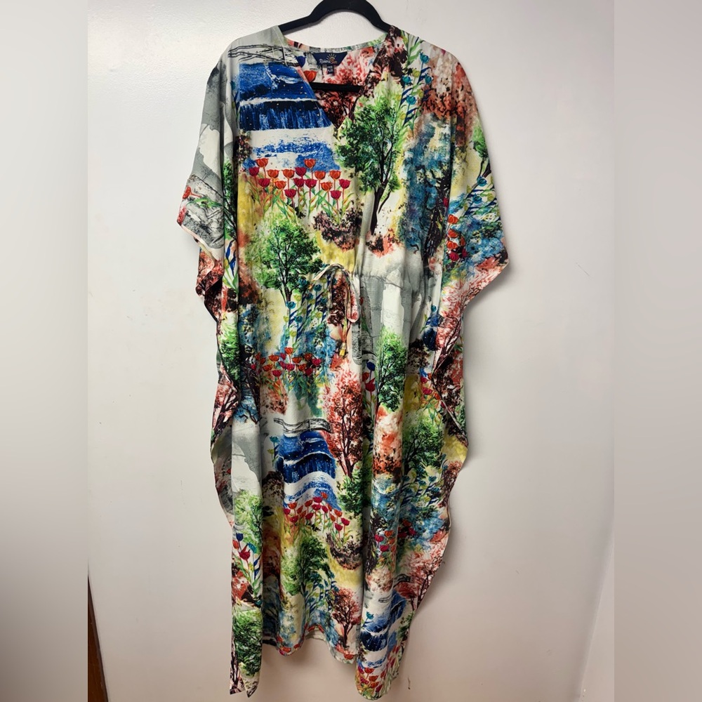 Riviera Sun Free Plus Scenic Print Caftan Dress Boho Flowy Lagenlook Art Wear V